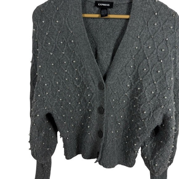 Express Embellished V-Neck Balloon Sleeve Cardigan in Grey Size XS - Picture 6 of 15